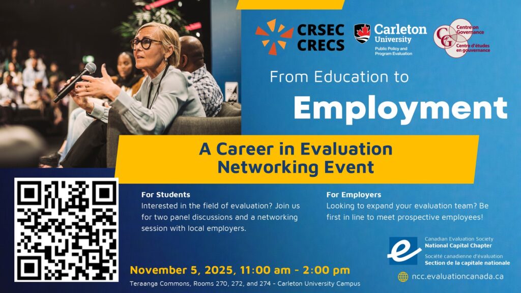 A blue and yellow poster for the event with a woman speaking on a panel and event information