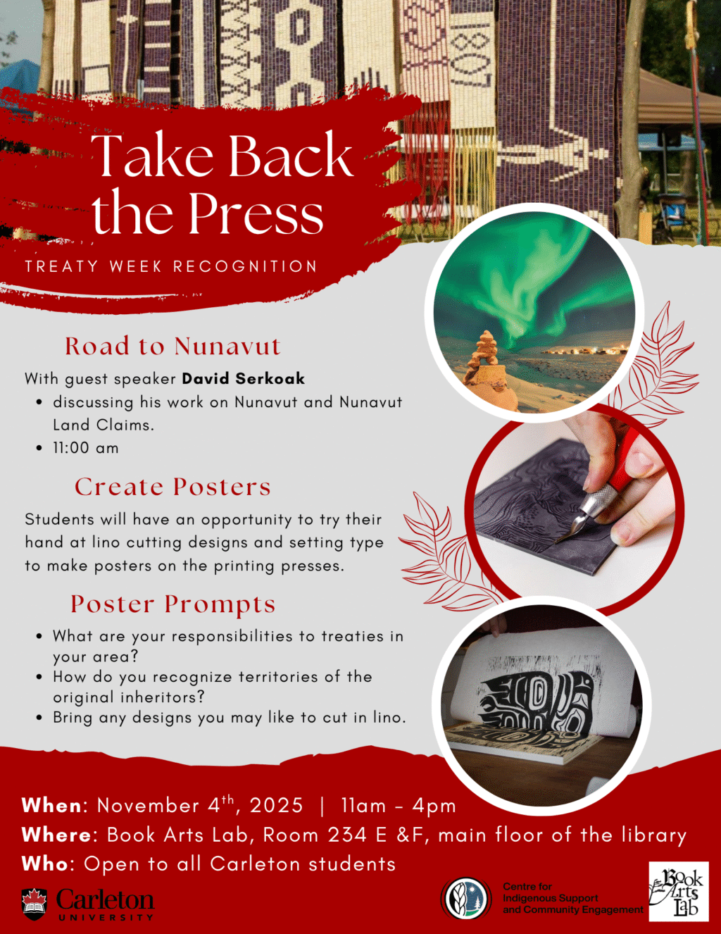 Take Back the Press poster promoting Treaty Week with David Serkoak and lino print artwork