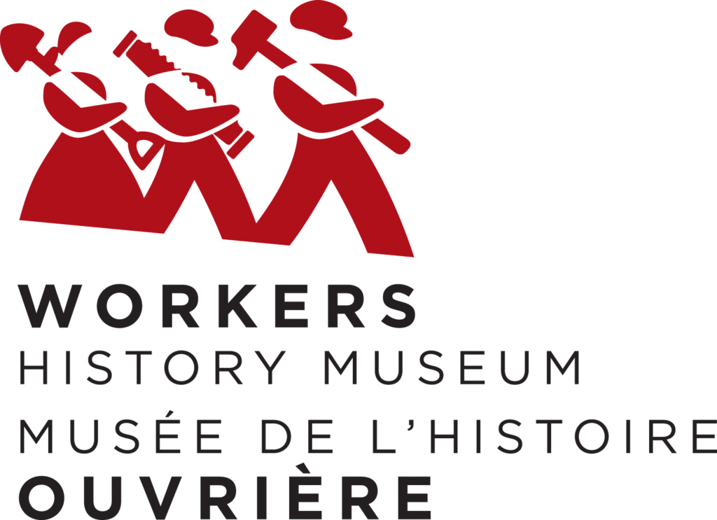Logo for the Workers History Museum featuring three labourers figured in red and marching with tools 