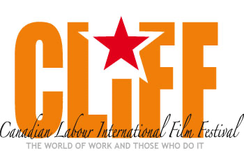 Logo for the Canadian Labour International Film Festival. Acronym, CLIF pictured in bold orange, 'i' dotted with a red star. 