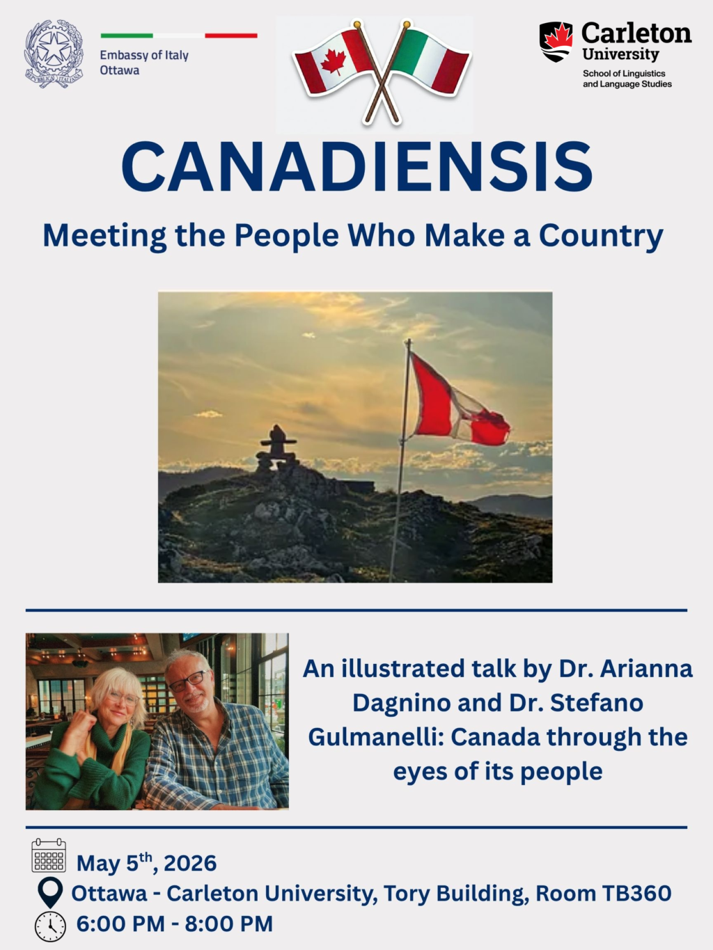 Poster advertises event. Repeats info already in post. Photo of an Inukshuk on mountaintop with Canadian flag in foreground.