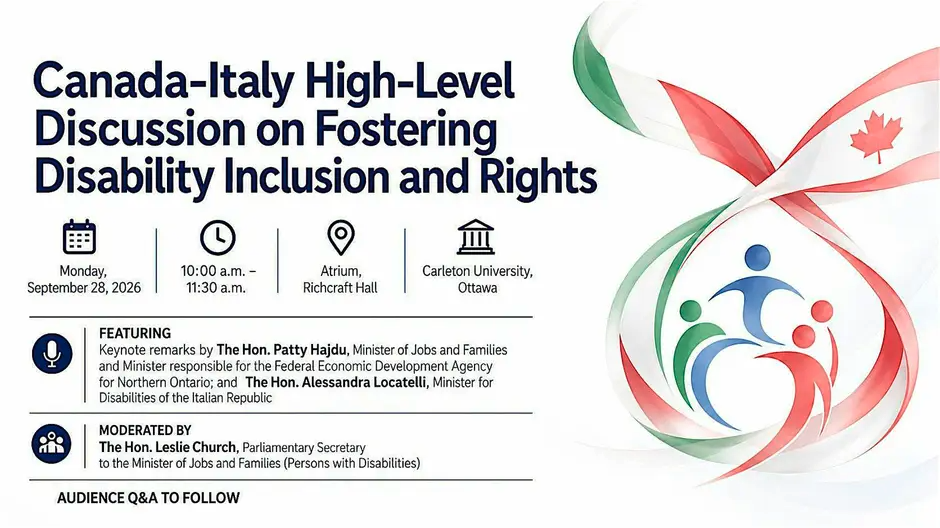 Canada-Italy High-Level Discussion on Fostering Disability Inclusion and Rights.Keynote remarks by The Hon. Patty Hajdu, Minister of Jobs and Families and Minister responsible for the Federal Economic Development Agency for Northern Ontario; and The Hon. Alessandra Locatelli, Minister for Disabilities of the Italian Republic. Moderated by The Hon. Leslie Church, Parliamentary Secretary to the Minister of Jobs and Families (Persons with Disabilities).