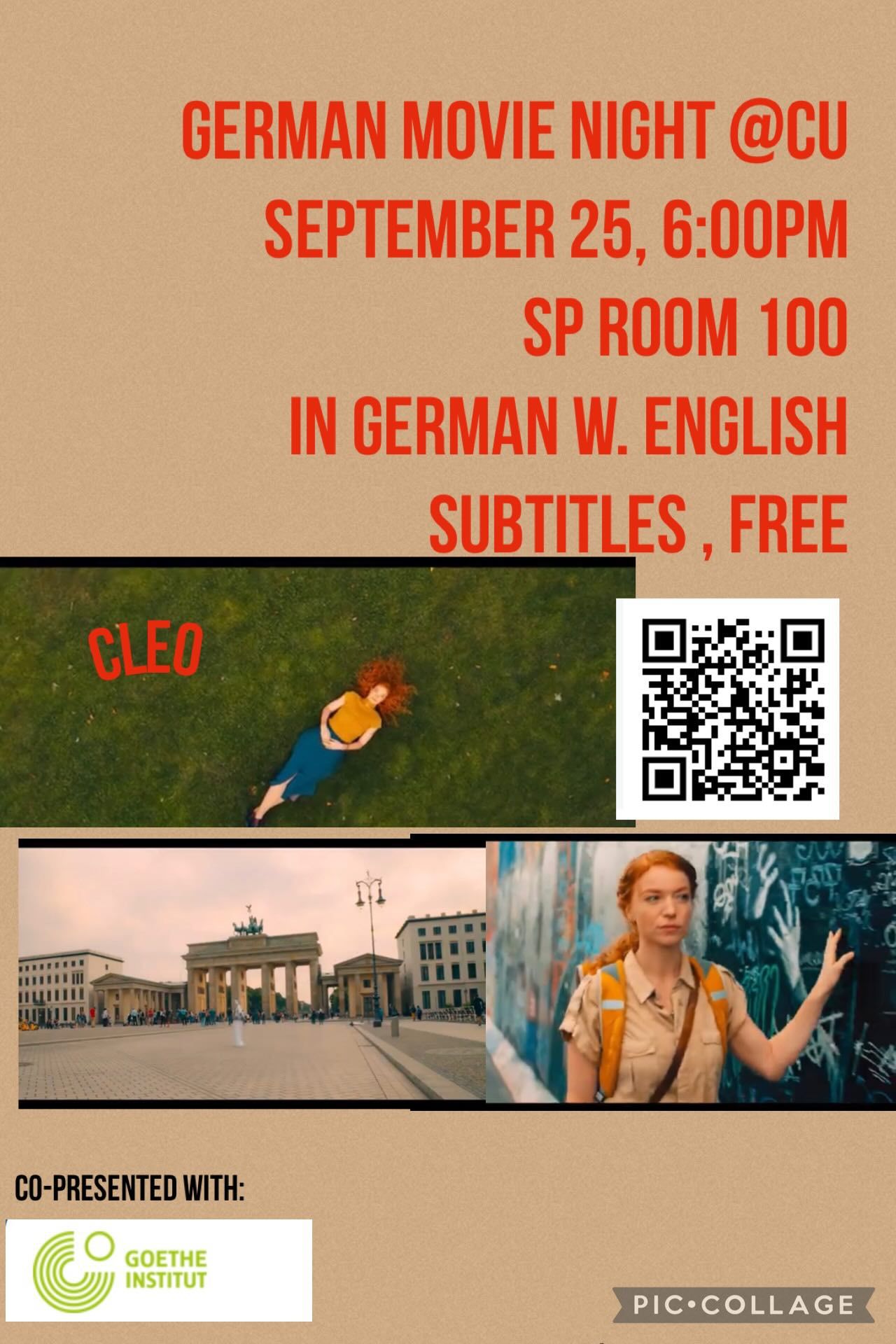 German Movie: Cleo. Photo collage of girl lying on the grass, standing in a uniform, and the Brandenburg Gate.