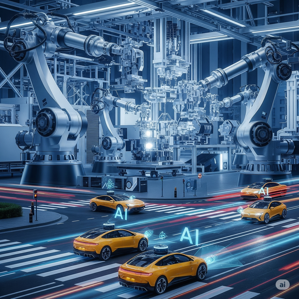 AI image of taxis driving through machine parts